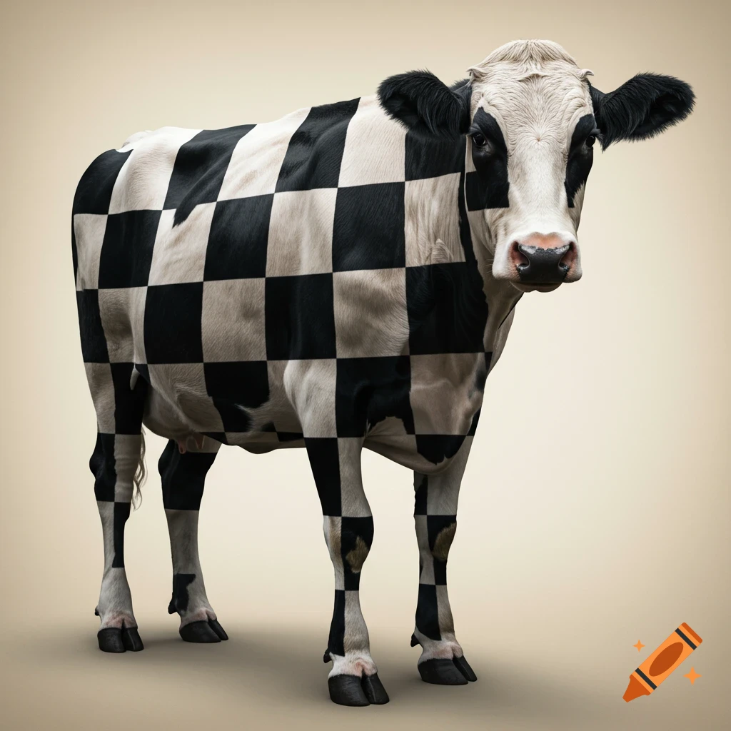 A photorealistic cow with a black and white checkerboard pattern covering its entire body, standing against a light background.