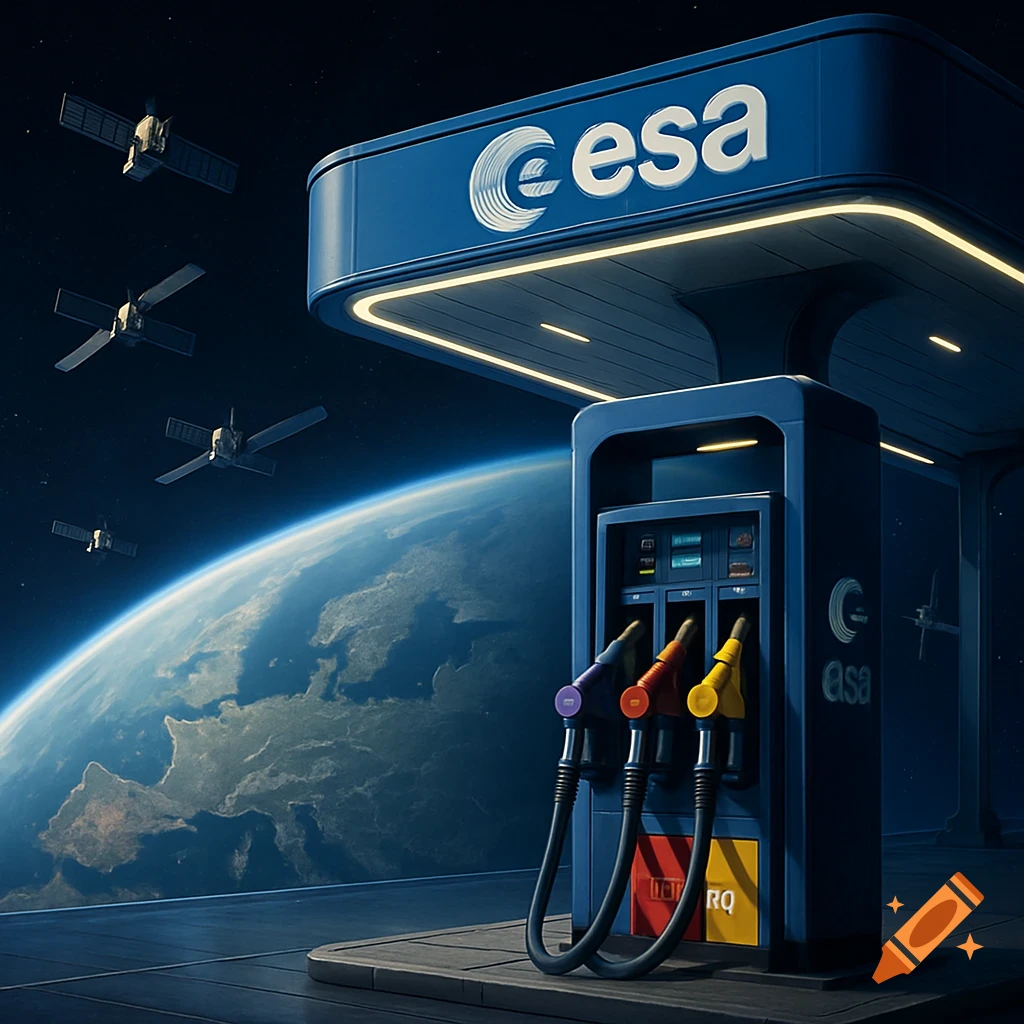A futuristic space refueling station with the ESA logo, a fuel pump with three nozzles, satellites, and the Earth in the background.