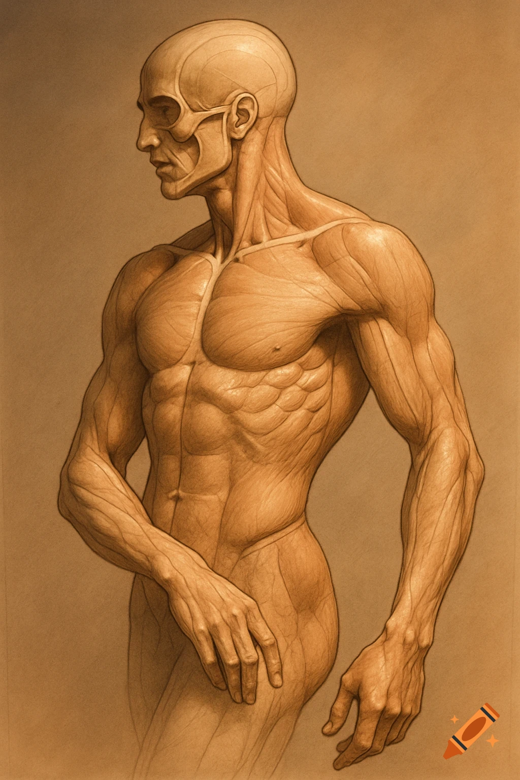 Detailed anatomical drawing of a male torso showing musculature and skull, rendered in a classical art study style on sepia paper.