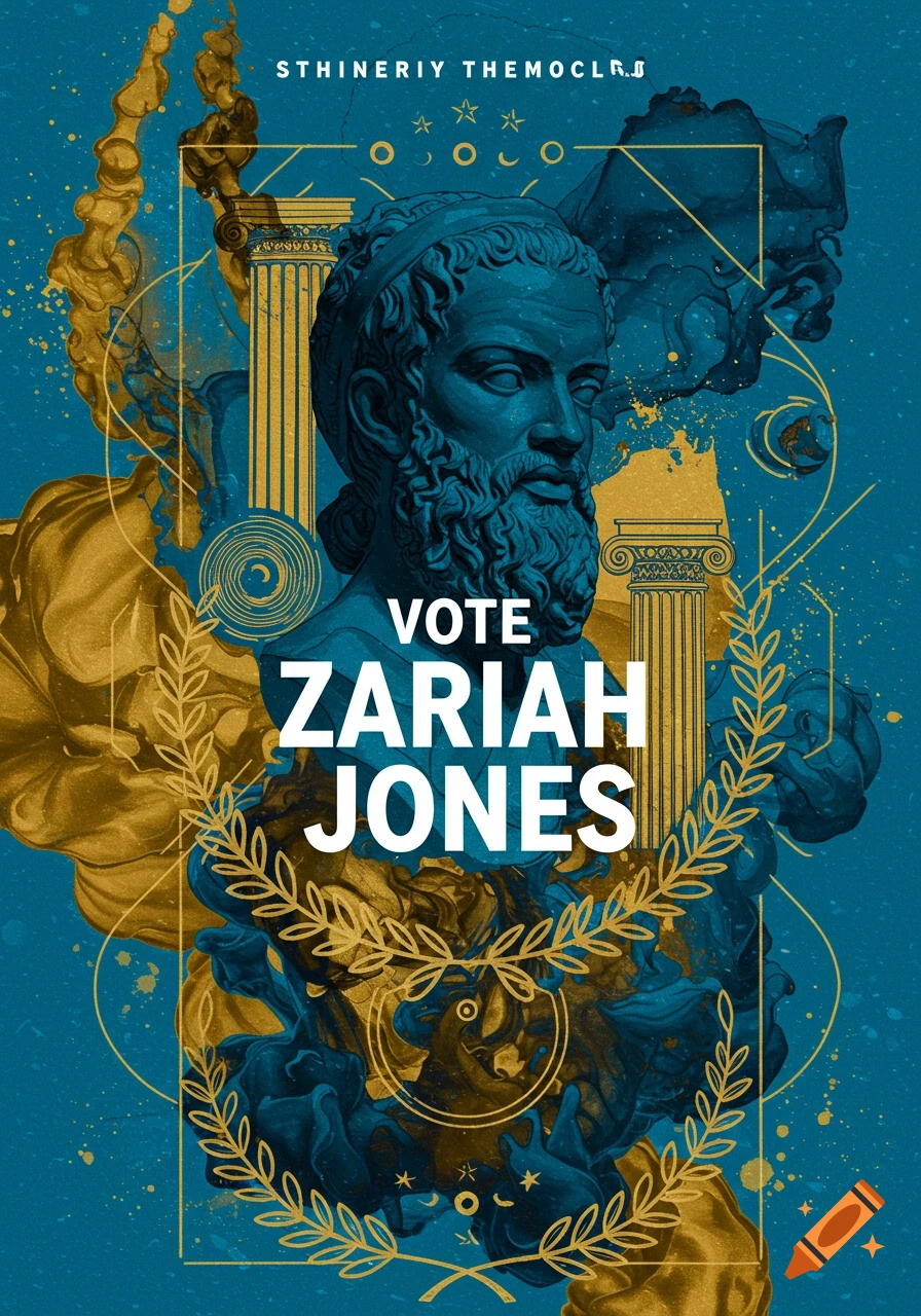 Blue and gold political poster with a classical bust, Ionic columns, and a laurel wreath around 'VOTE ZARIAH JONES'.