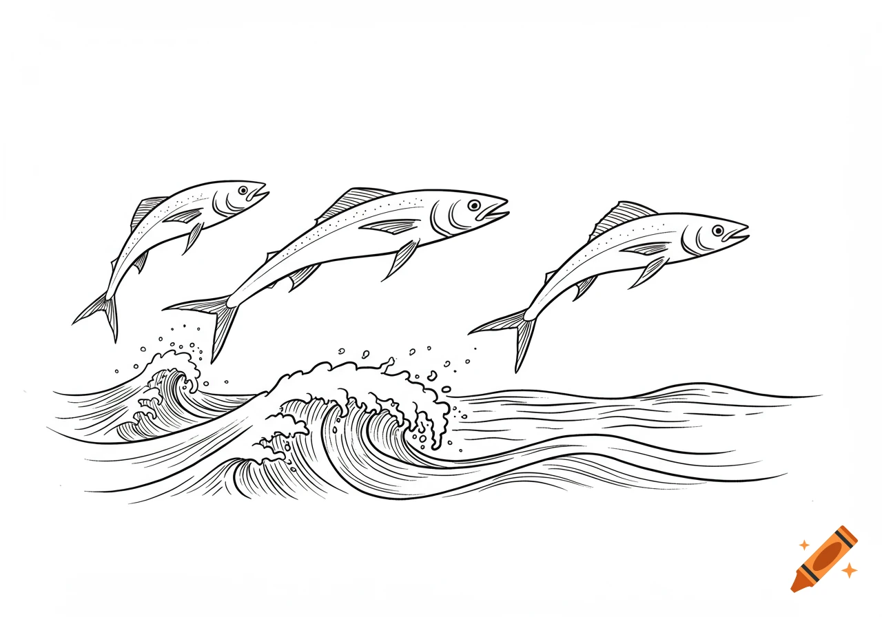 Three sleek fish jumping over ocean waves in a black and white outline sketch.