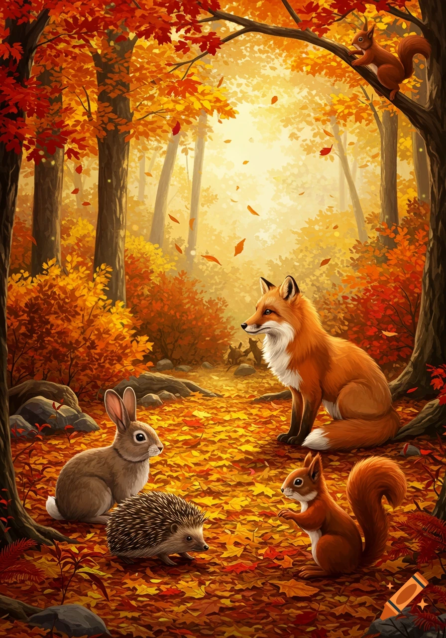 A whimsical autumn forest scene with a fox, rabbit, hedgehog, and two squirrels among fallen leaves and colorful trees.