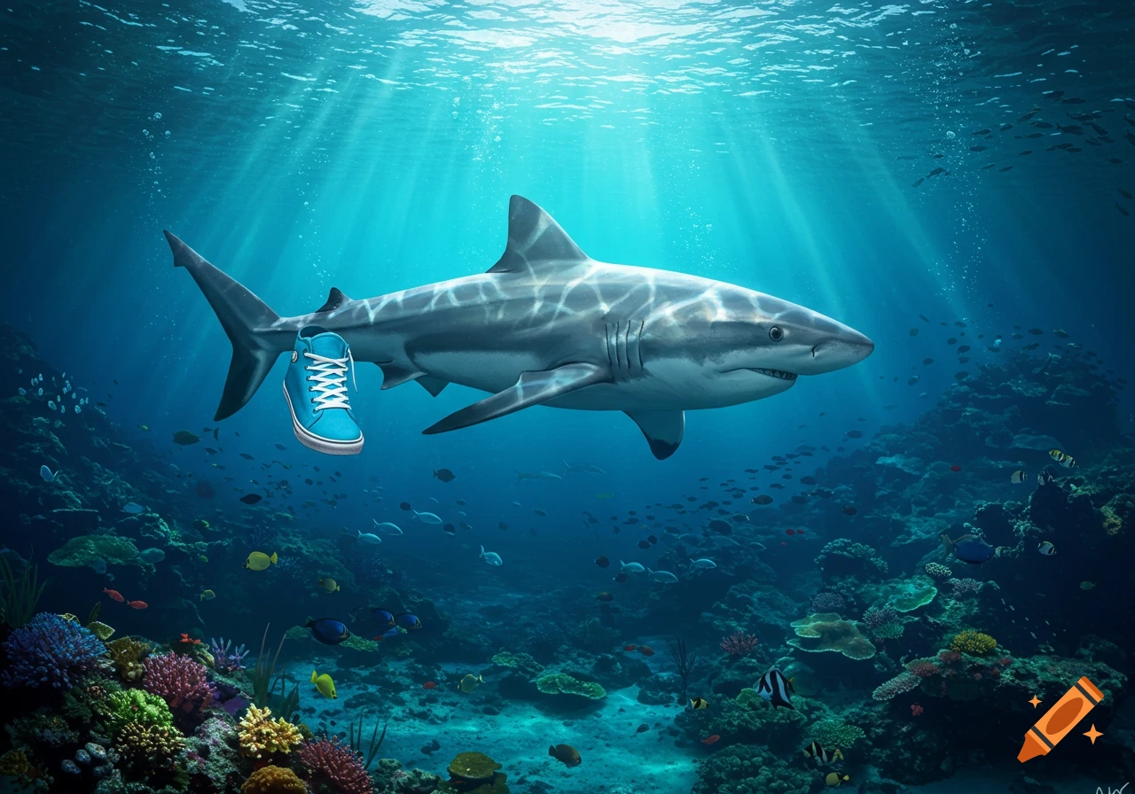 A photorealistic shark with a bright blue high-top shoe dangling from its tail fin swims through a vibrant coral reef.