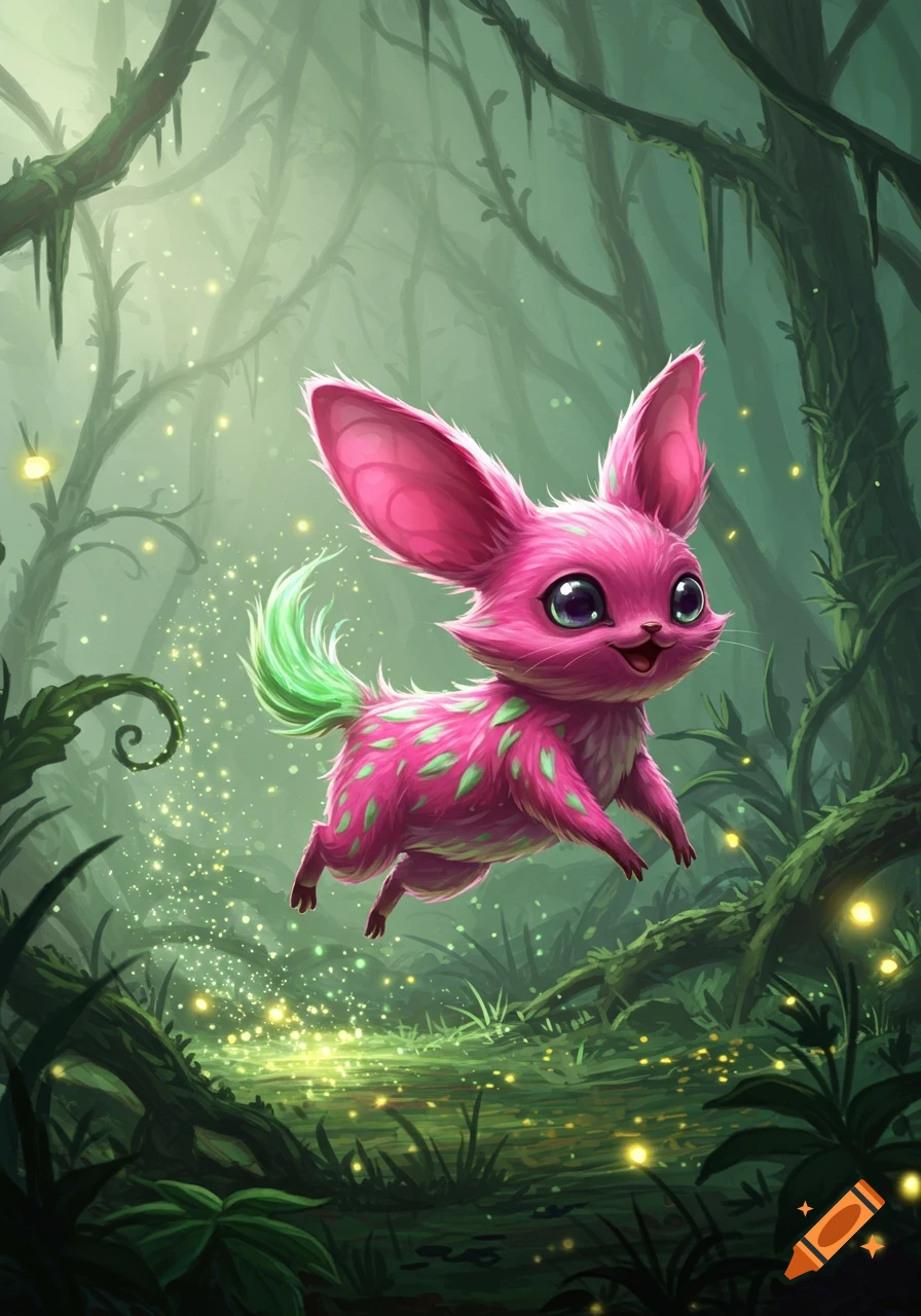 A cute, pink, furry creature with large ears and green spots and tail, jumps through a magical, glowing forest.