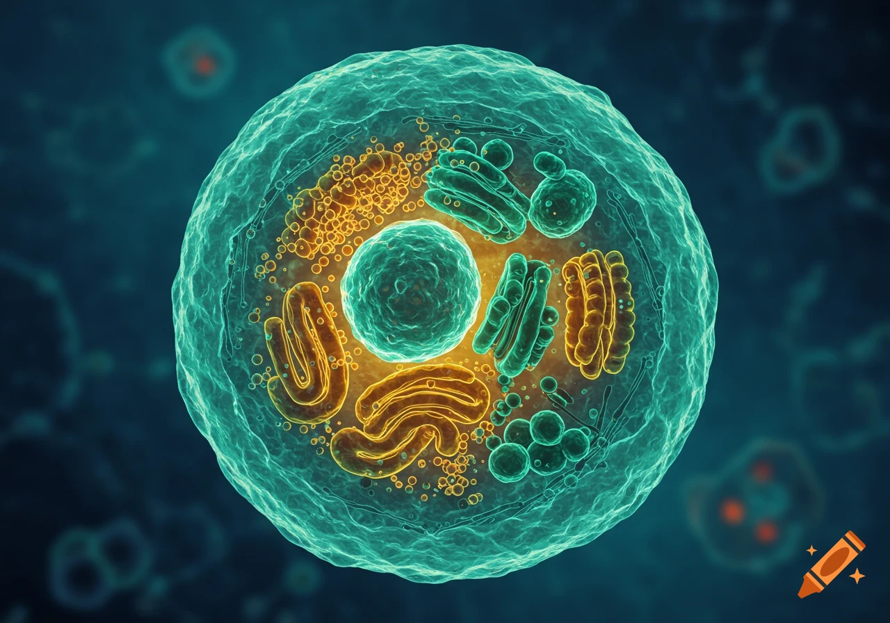 A detailed, vibrant illustration of a eukaryotic cell with a nucleus and various organelles in teal and orange on a dark background.