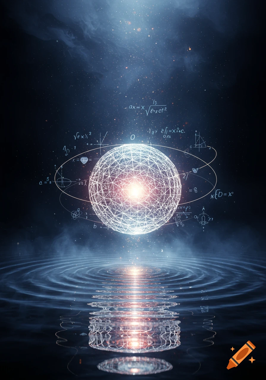 Glowing wireframe sphere with mathematical equations above rippling water, reflected in a dark, star-filled cosmic space.