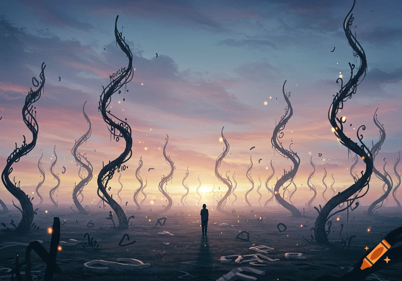 A lone figure stands on a barren plain surrounded by tall, twisted dark spires with glowing points, under a dramatic sunset sky in a surreal style.