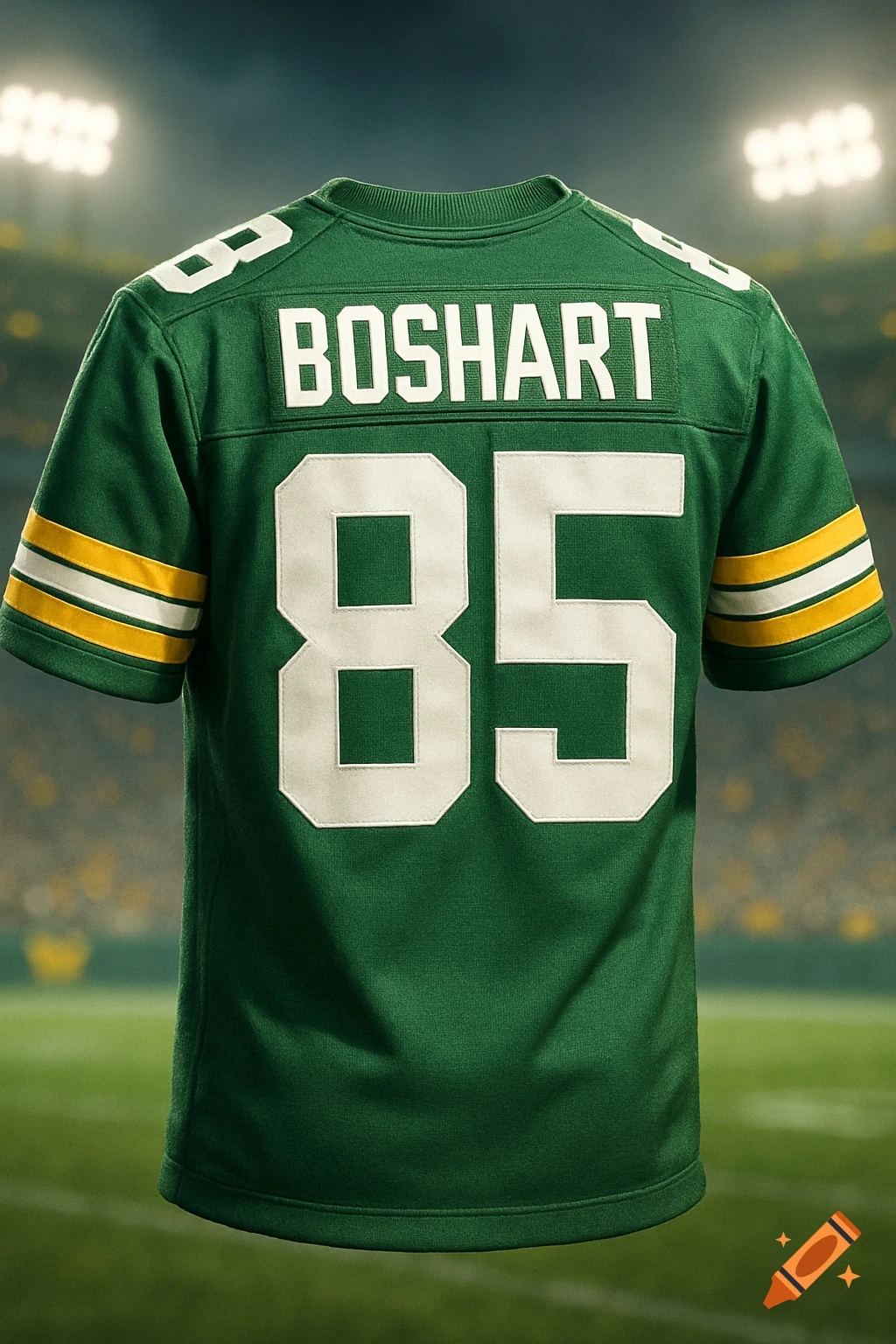 Back of a green football jersey with 'BOSHART' and number '85' in a stadium.
