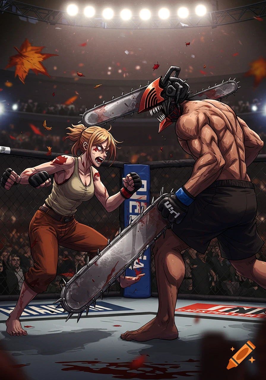 An intense anime-style fight in a UFC ring between a blonde woman (Power) and a man with a chainsaw head (Denji), with blood splattered.