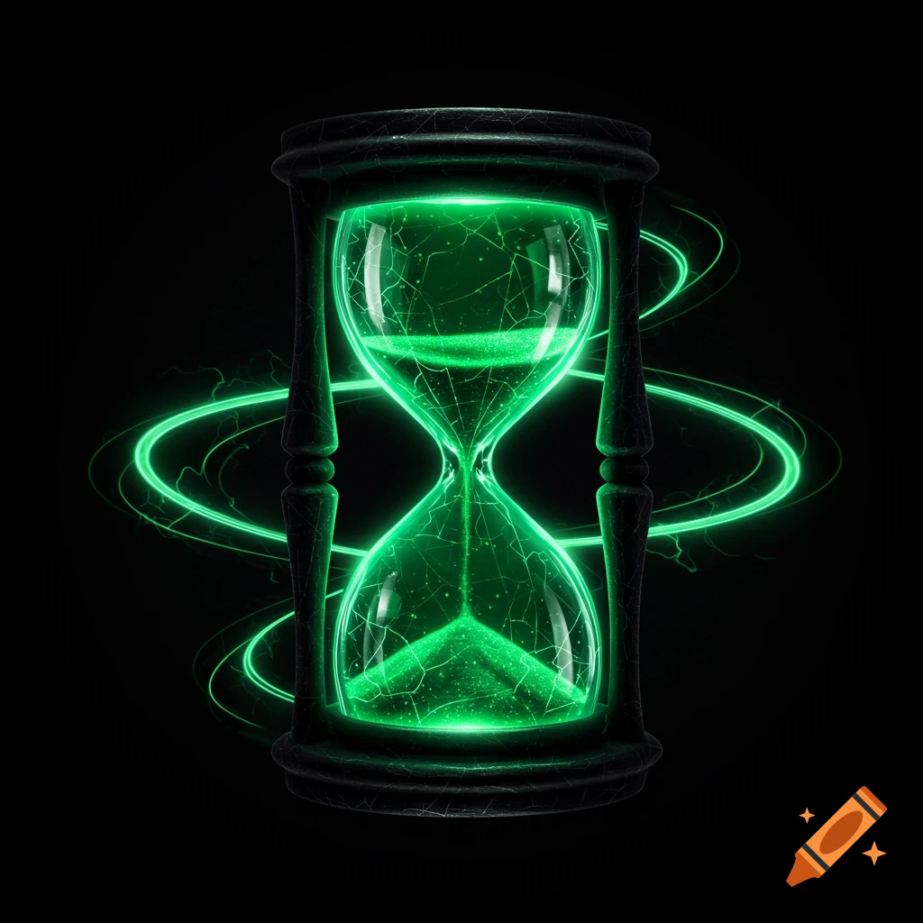 A glowing green hourglass with cracks and energy swirls on a dark background.