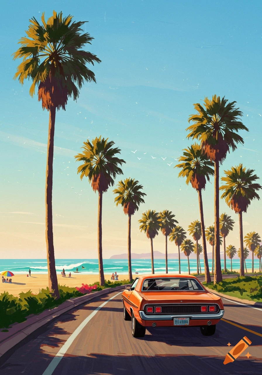 A stylized illustration of a vintage orange car driving along a coastal road lined with tall palm trees, with a sunny beach and ocean in the background.
