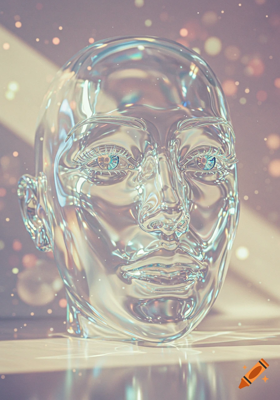 A close-up of a shimmering, translucent glass human head with blue eyes, reflecting light and surrounded by bokeh.