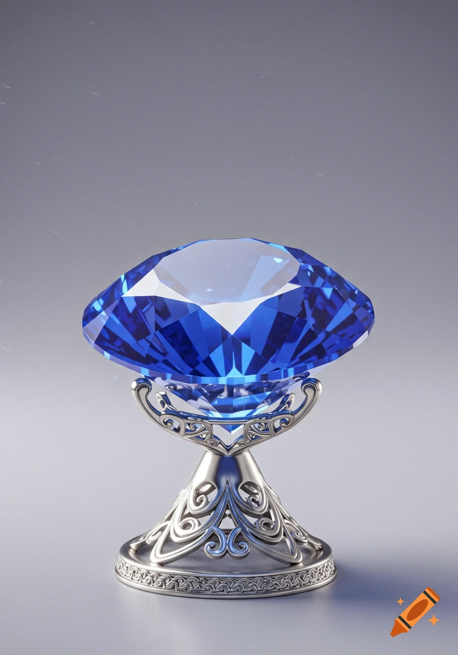 A large, brilliant blue sapphire gem sits atop an ornate silver stand with scrollwork, against a light gray background.