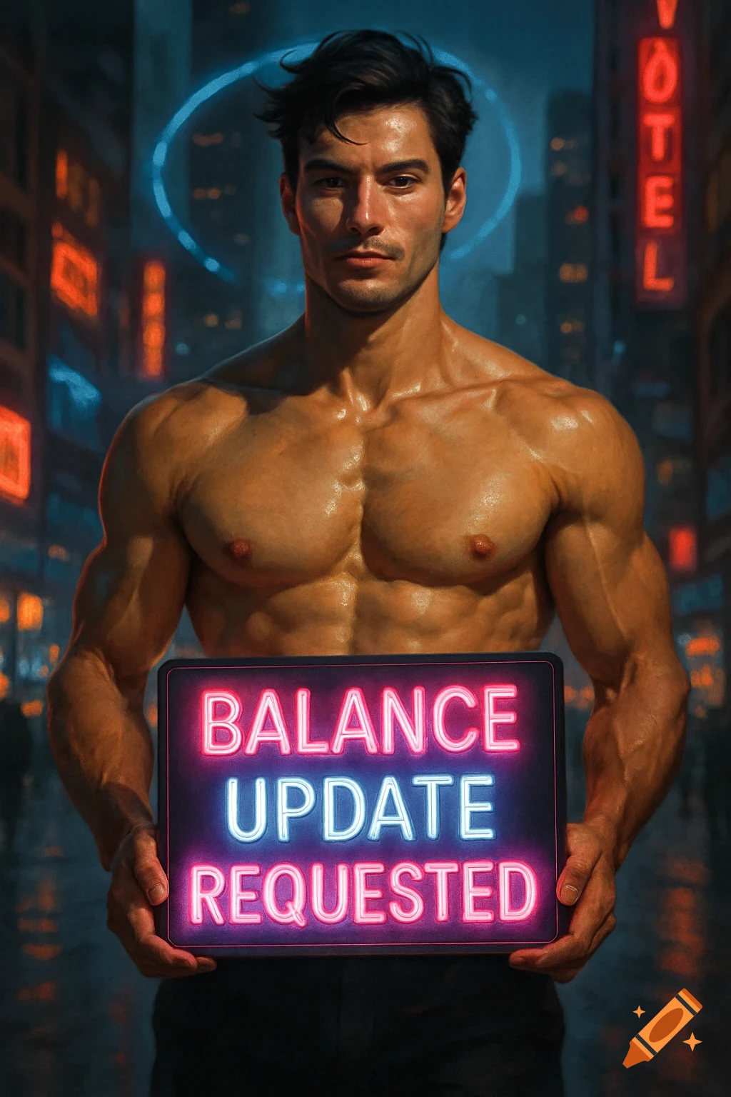 A muscular shirtless man holds a neon sign saying 'BALANCE UPDATE REQUESTED' in a neon-lit city at night, photorealistic.