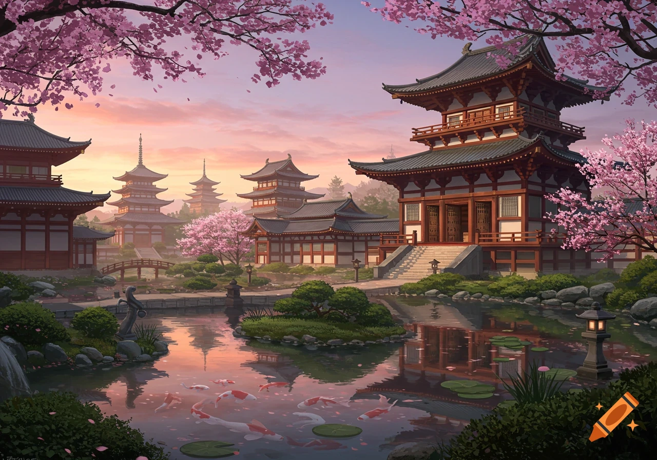 Japanese temple complex with cherry blossoms, pagodas, and koi pond at sunset, in a detailed illustrative style.