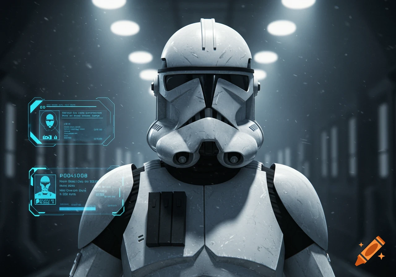 Close-up of a white Clone Trooper in armor, with blue holographic data displays floating around. Futuristic corridor background.