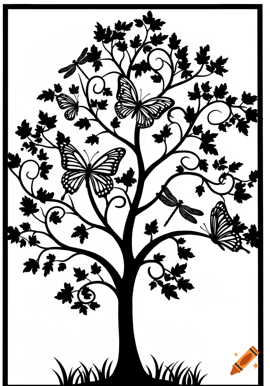 Black silhouette of a tree with butterflies, dragonflies, and grass, against a white background.