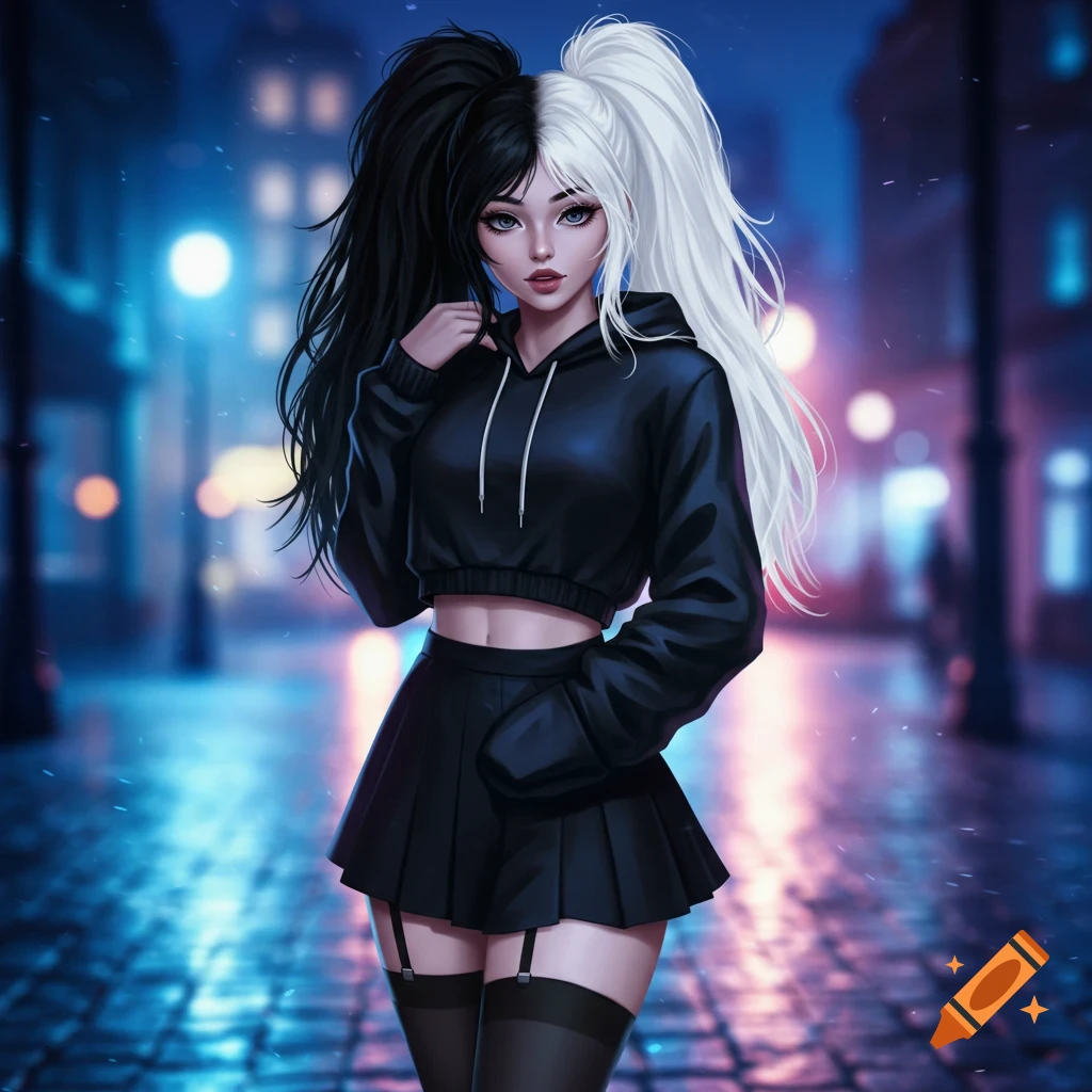 Anime girl with black and white split hair in a crop top hoodie and short skirt on a rainy city street at night, digital art style.