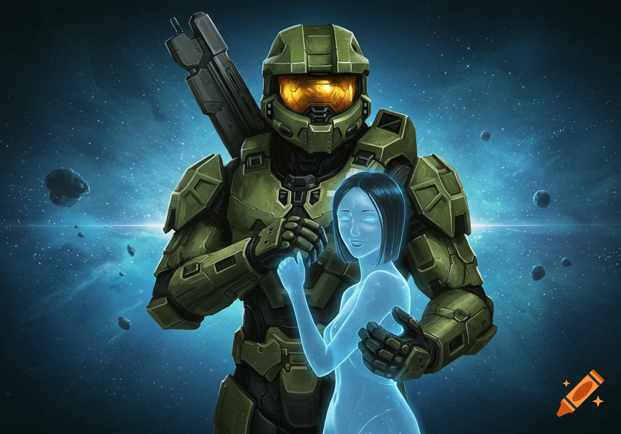 Master Chief in green armor holds a glowing blue holographic Cortana in space, surrounded by asteroids. Digital art.