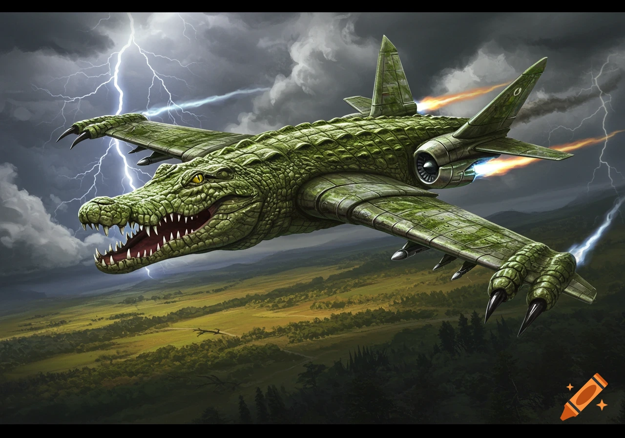 A detailed illustration of a green crocodile jet plane with glowing engines flying through a dark, stormy sky with lightning.