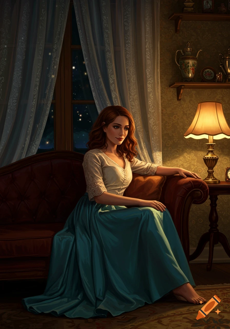A woman with red hair in a white blouse and blue skirt sits on a couch in a dimly lit room with a lamp and starry night visible through the window, in a digital art style.