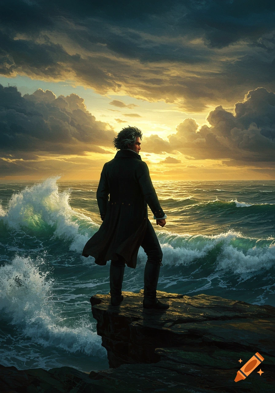 Digital painting of a man in a long dark coat standing on a rocky cliff overlooking a turbulent ocean at sunset.