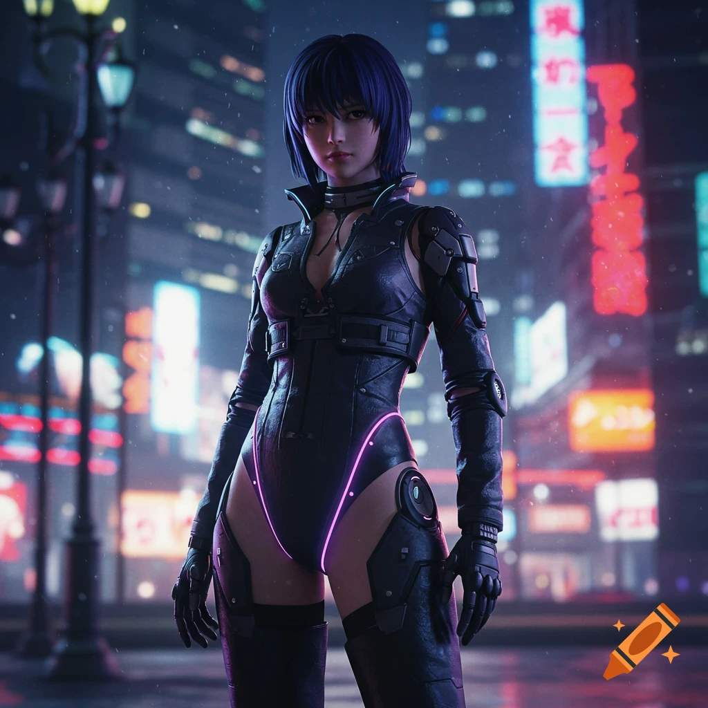 Photorealistic image of Major Motoko Kusanagi in a black techwear suit with pink neon accents, standing in a rainy cyberpunk city street with bright neon signs.