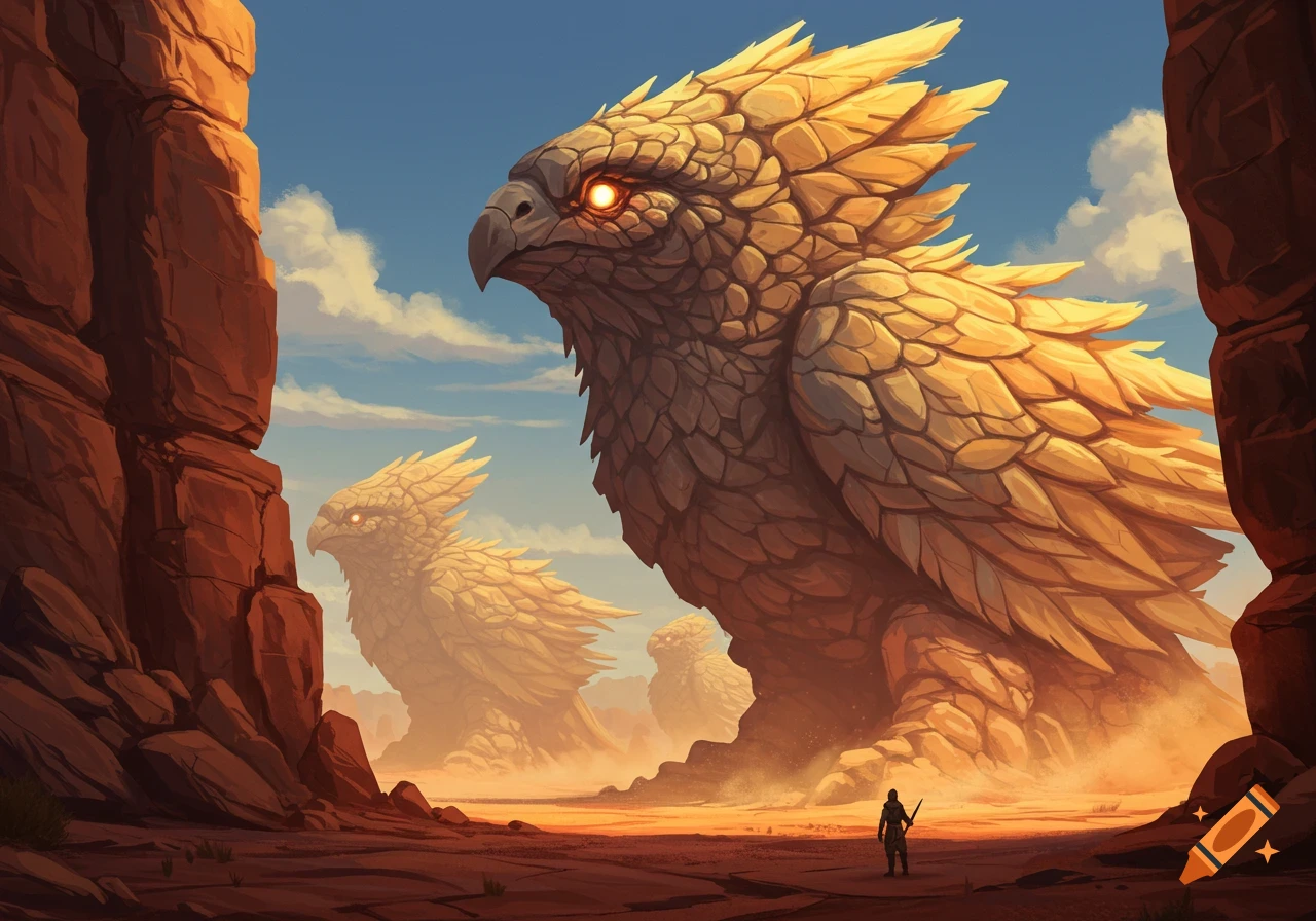 A small figure stands in a desert canyon, dwarfed by massive, glowing-eyed rock bird creatures.