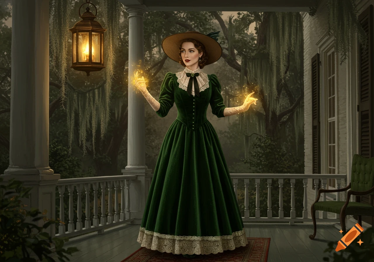 A woman in a green velvet historical dress and a hat stands on a southern porch, her hands glowing with magic. Spanish moss hangs.