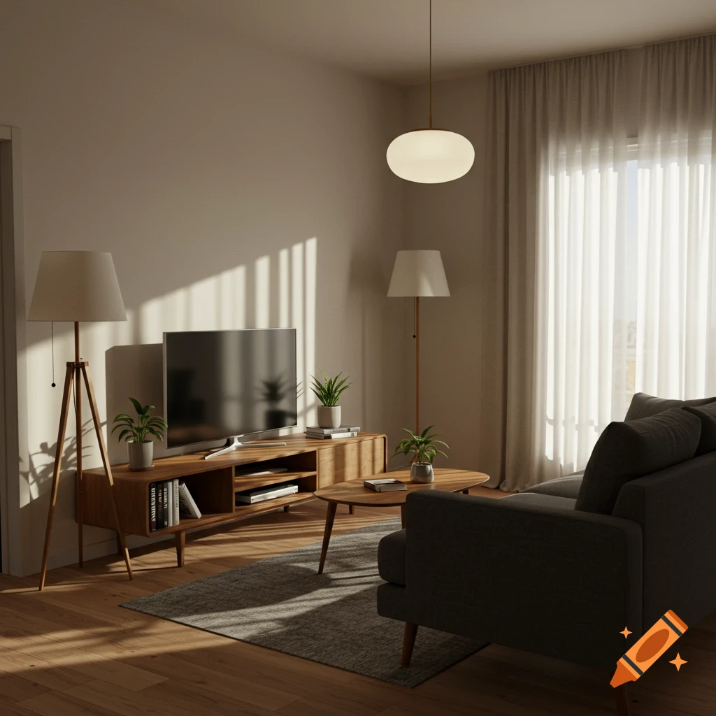 Modern living room with a dark grey sofa, wooden TV stand, floor lamps, potted plants, and sunlight through window curtains.