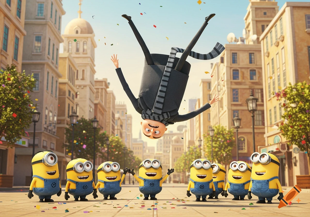 Gru performs a backflip, suspended upside down in a city street as several Minions watch and cheer amidst falling confetti.