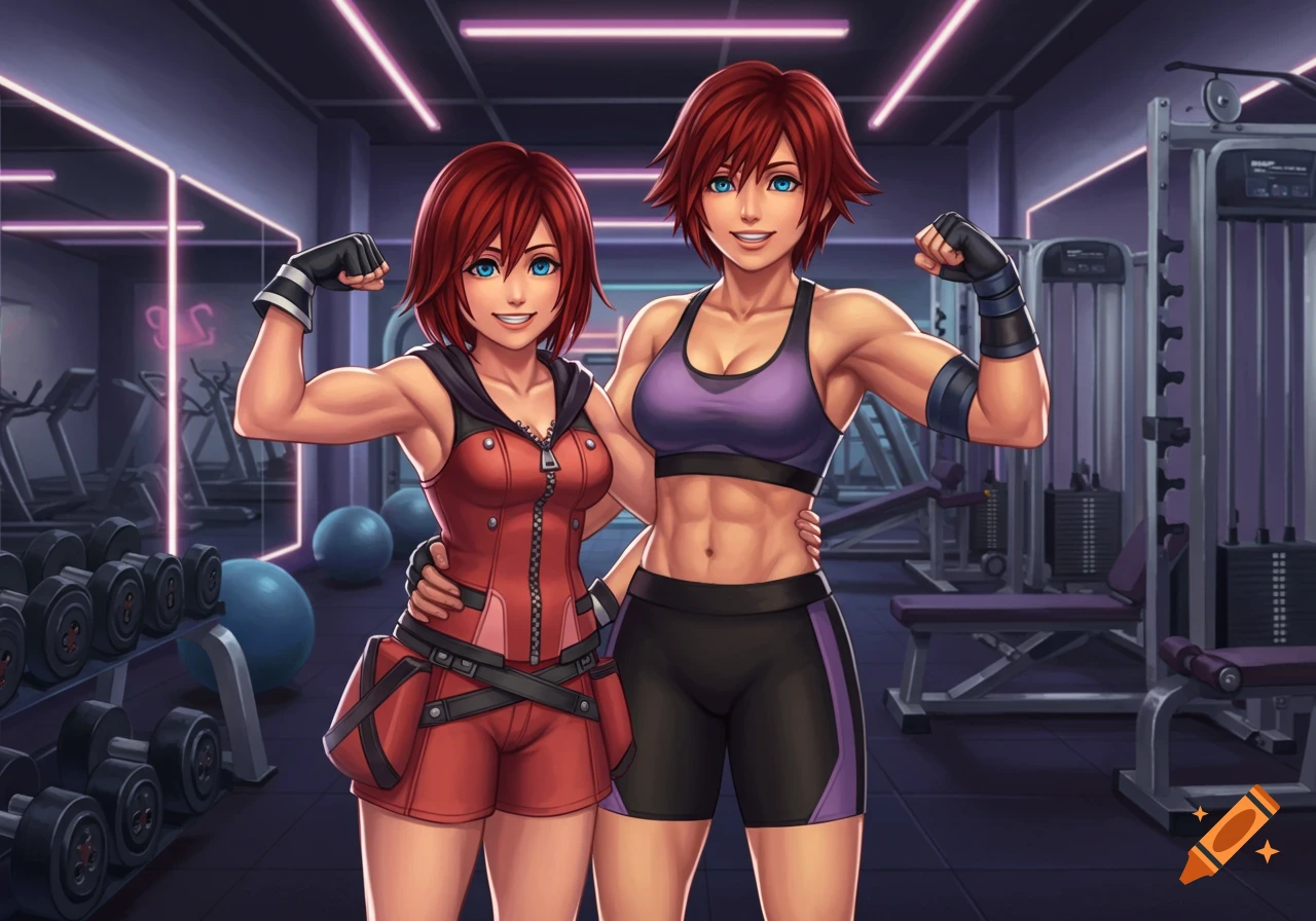 Two muscular anime women with red hair and blue eyes flex their biceps in a gym setting.
