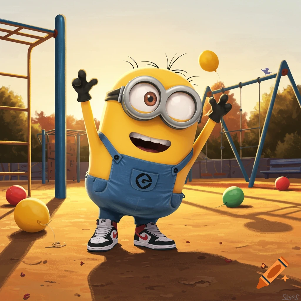 A happy cartoon Minion in blue overalls and Nike shoes, with arms raised, stands in a sunny playground.