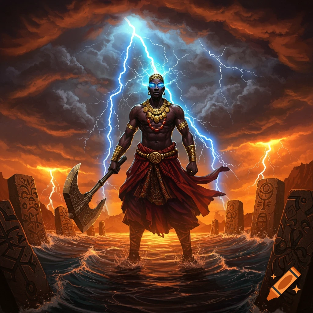 Muscular Black god with glowing eyes and axe stands in stormy water, surrounded by lightning and ancient stone pillars under a fiery sky, fantasy art.