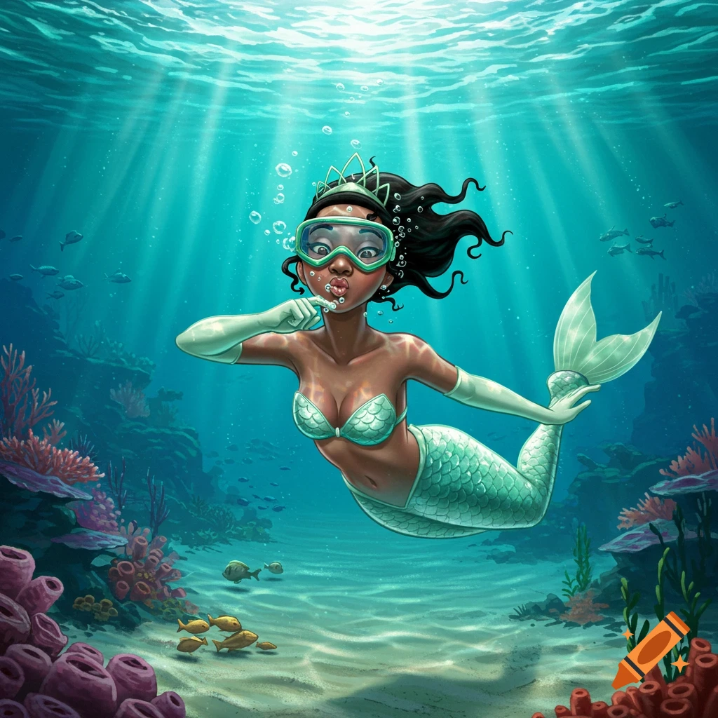 Cartoon mermaid resembling Princess Tiana, wearing a crown, goggles, and bikini, blowing bubbles underwater.