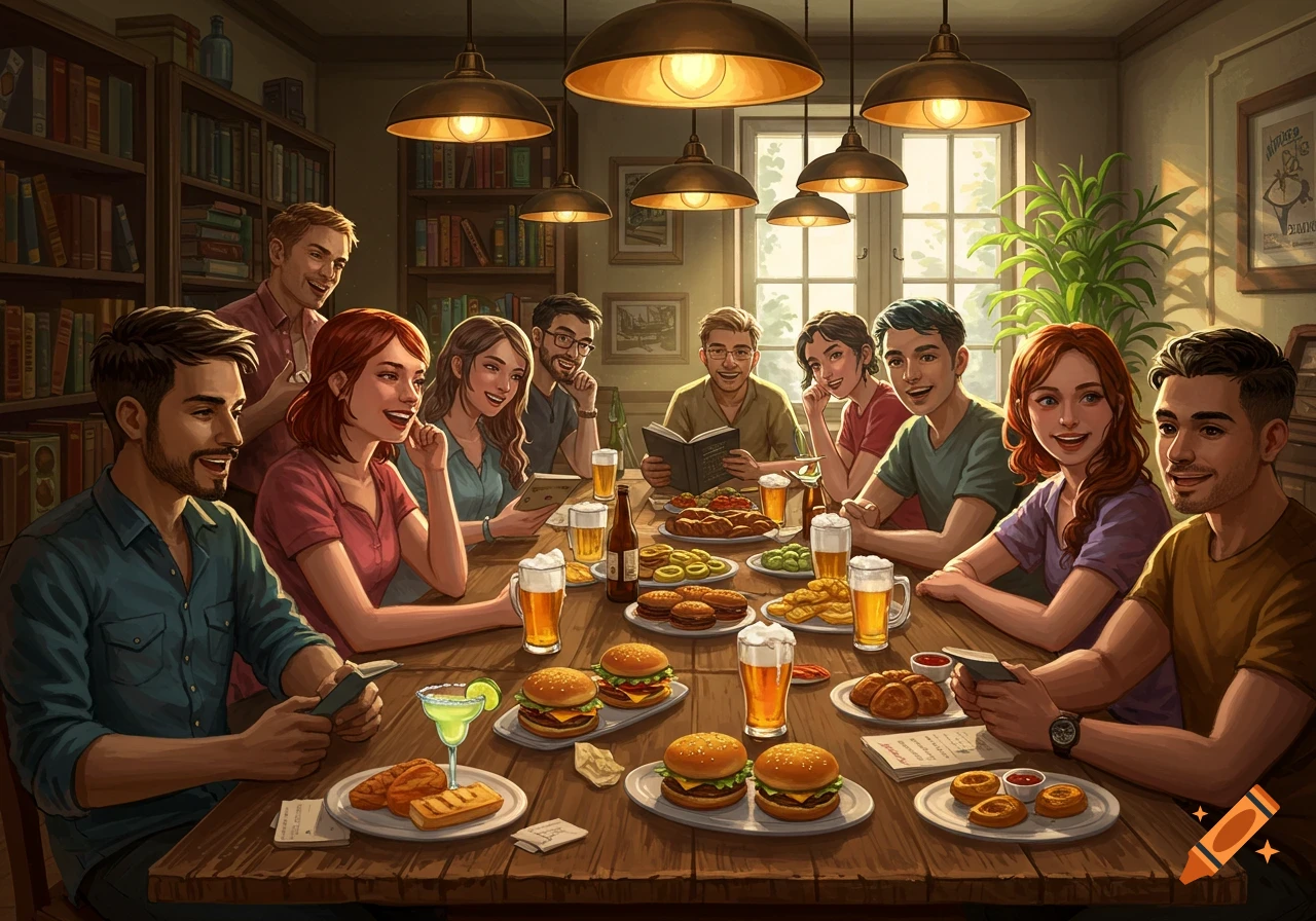An illustration of a diverse group of friends at a cheerful book club meeting, sharing burgers, beers, and margaritas around a large wooden table.