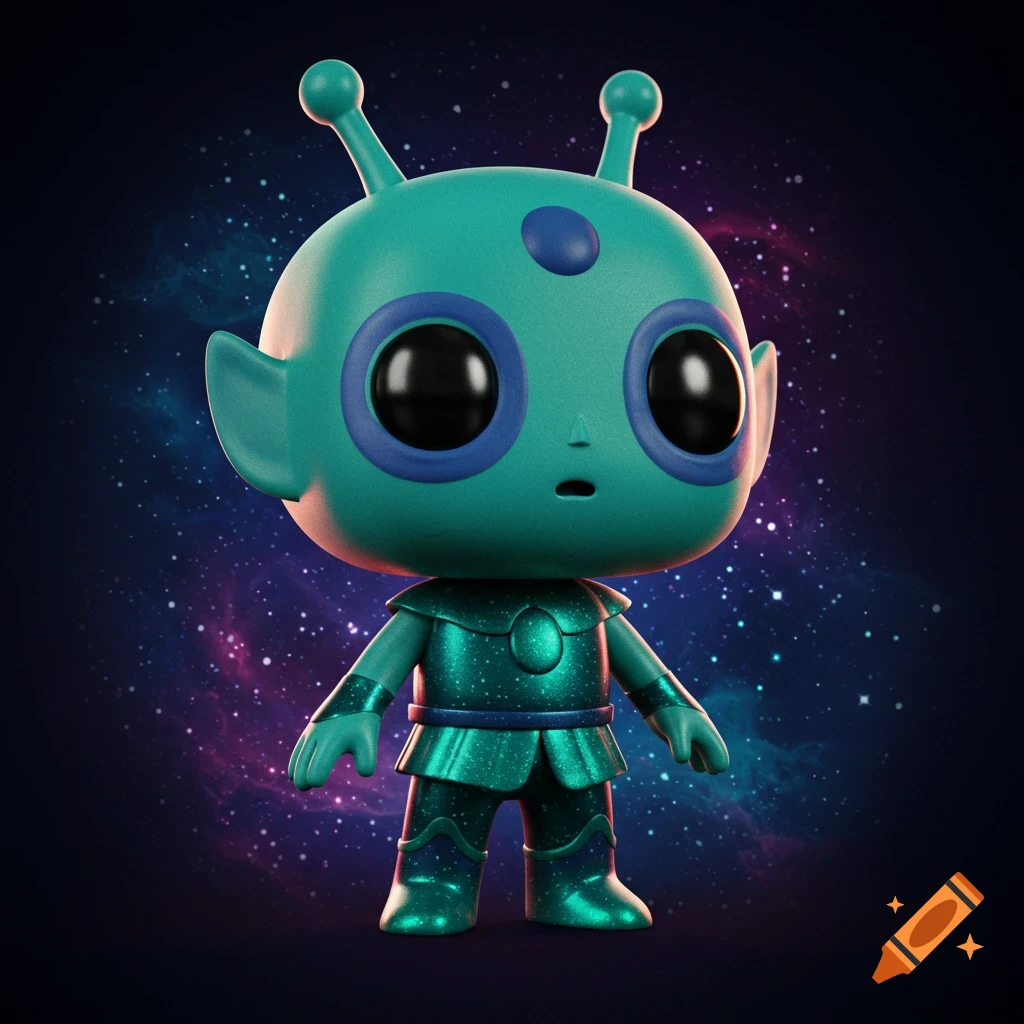 A teal, stylized alien figure resembling a Funko Pop, with large black eyes and antennae, stands against a starry cosmic background.