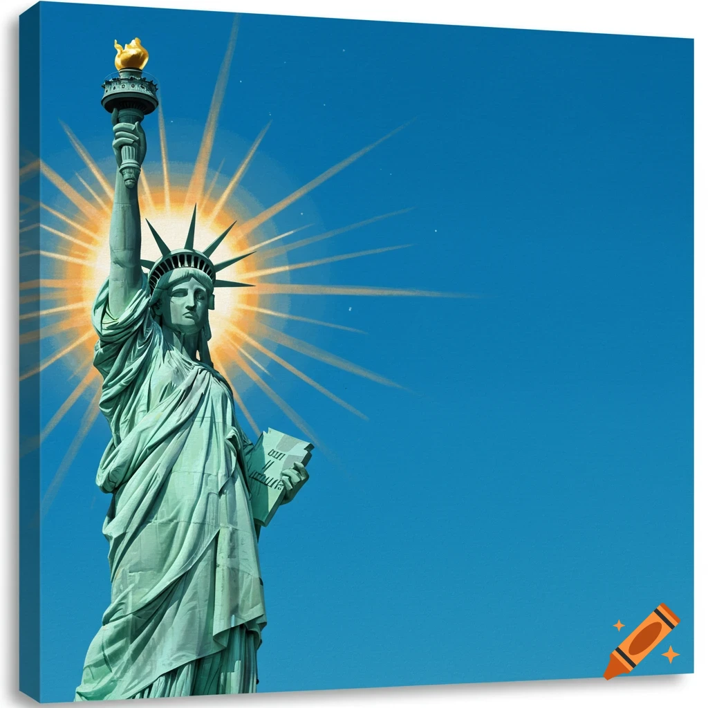 The Statue of Liberty holding a tablet, with a bright sunburst behind her torch against a clear blue sky.