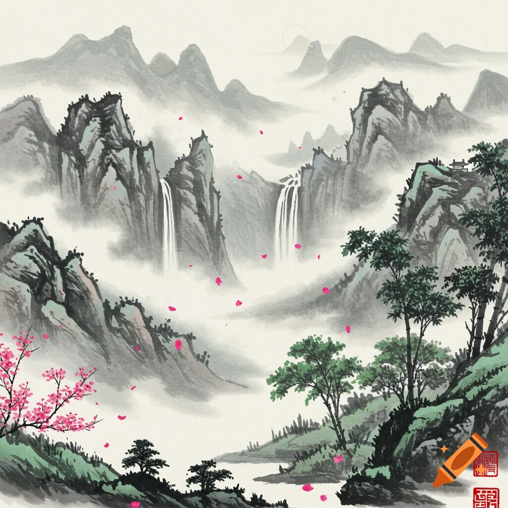 Traditional Chinese ink wash painting of misty mountains, waterfalls, a river, and flowering cherry blossom trees.