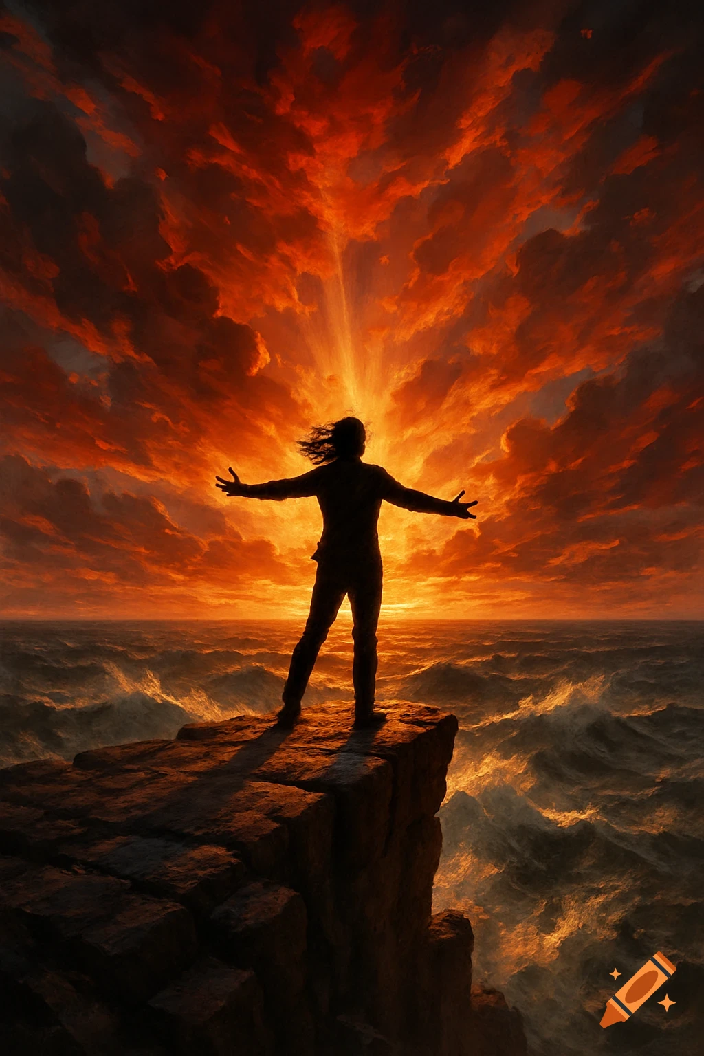 Silhouetted person with arms outstretched on a cliff edge, facing a dramatic fiery sunset over a turbulent sea. Digital art.