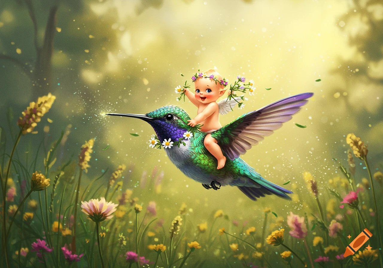 A smiling, winged Kewpie baby with a flower wreath rides on a vibrant hummingbird through a sunny, magical garden.