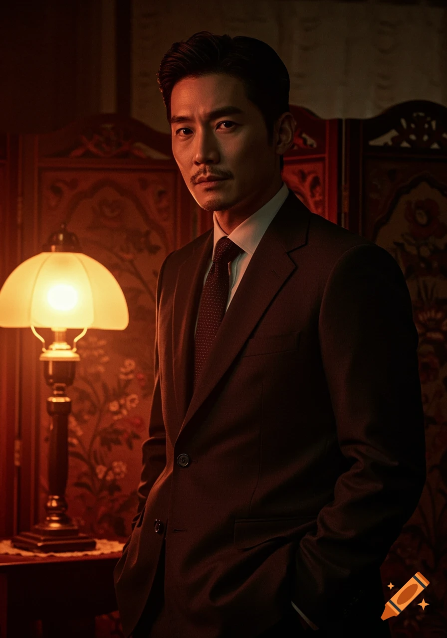 A man with a mustache and dark hair in a suit and tie stands in a dimly lit room next to an antique lamp and decorative screen, looking at the viewer.