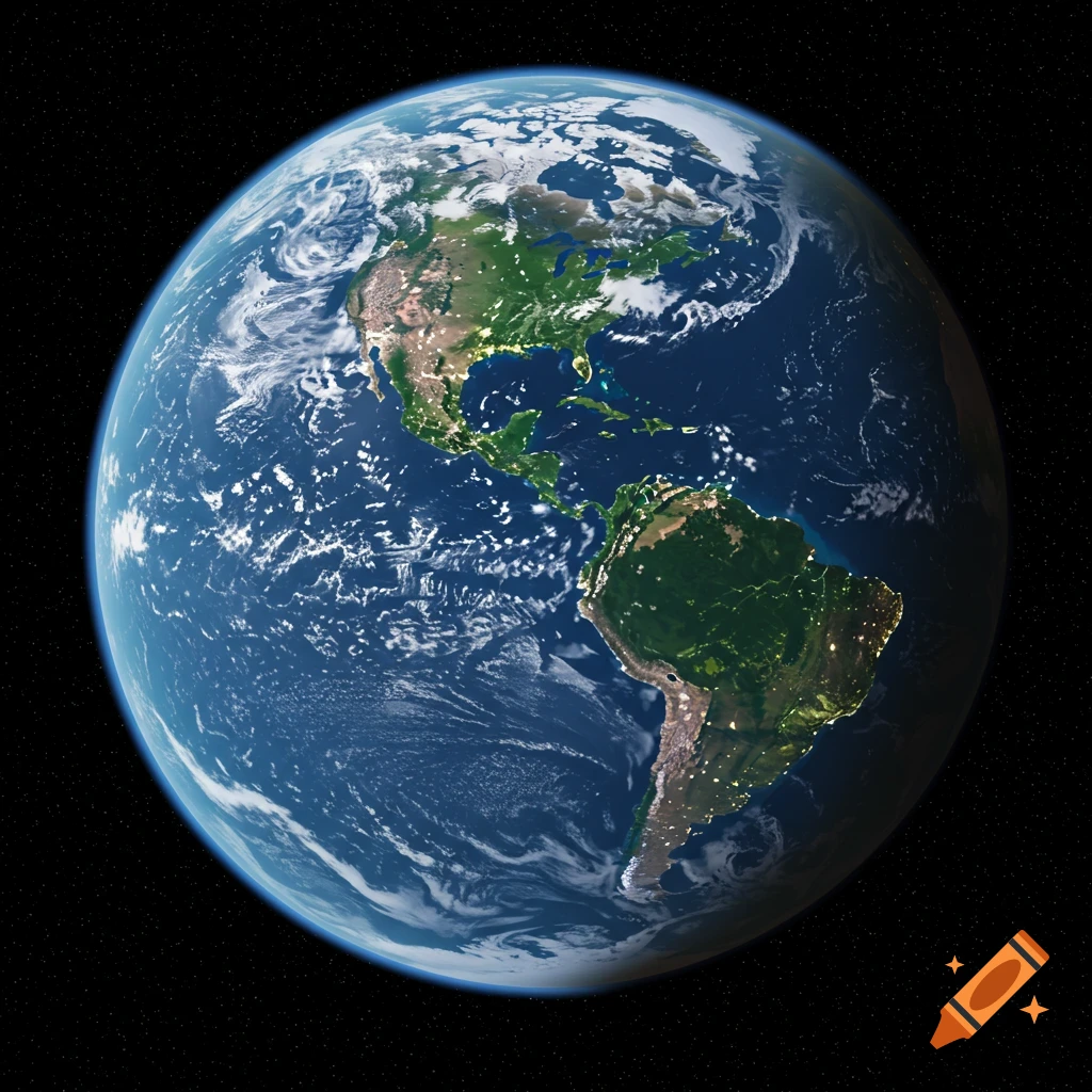 A detailed view of Earth from space, showing North and South America, with sunlit land and ocean, and city lights on the night side.
