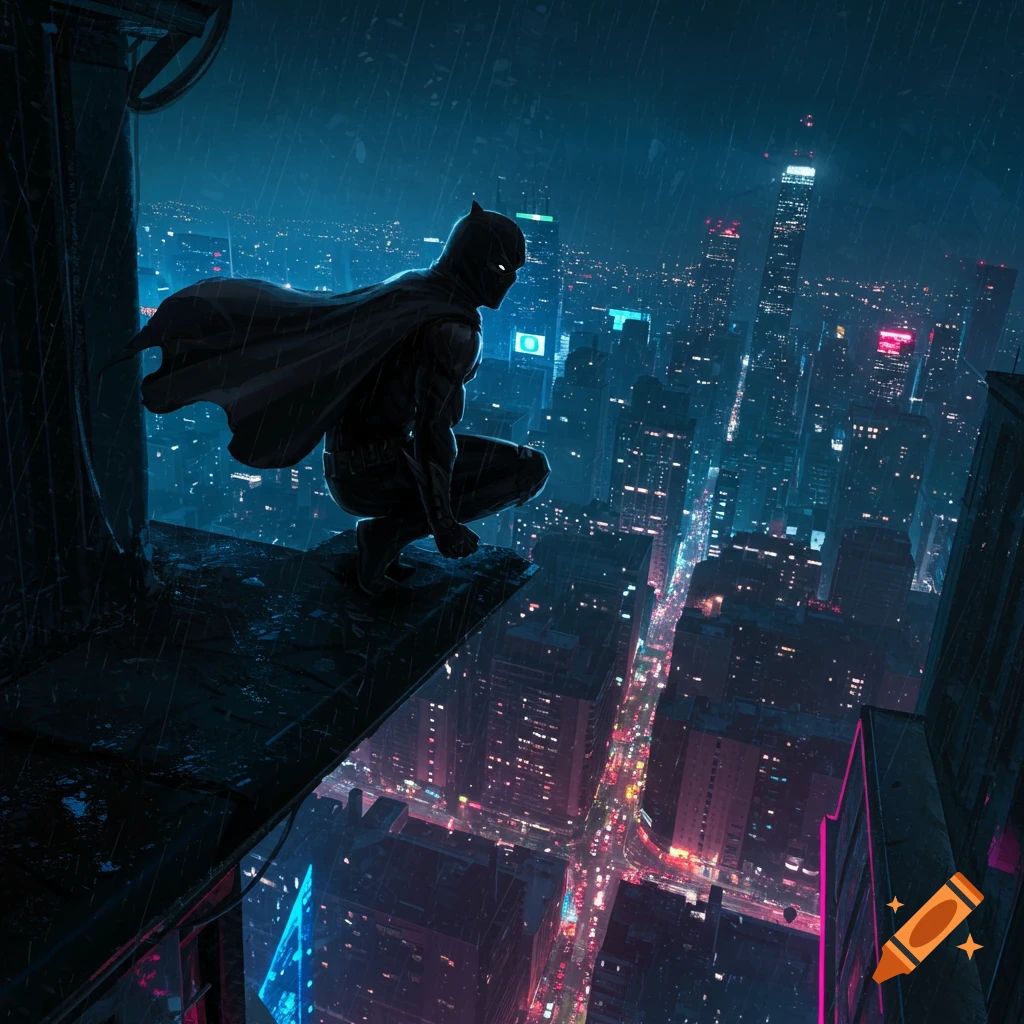 A dark vigilante figure crouches on a rainy rooftop, overlooking a neon-lit futuristic city at night. Digital art.
