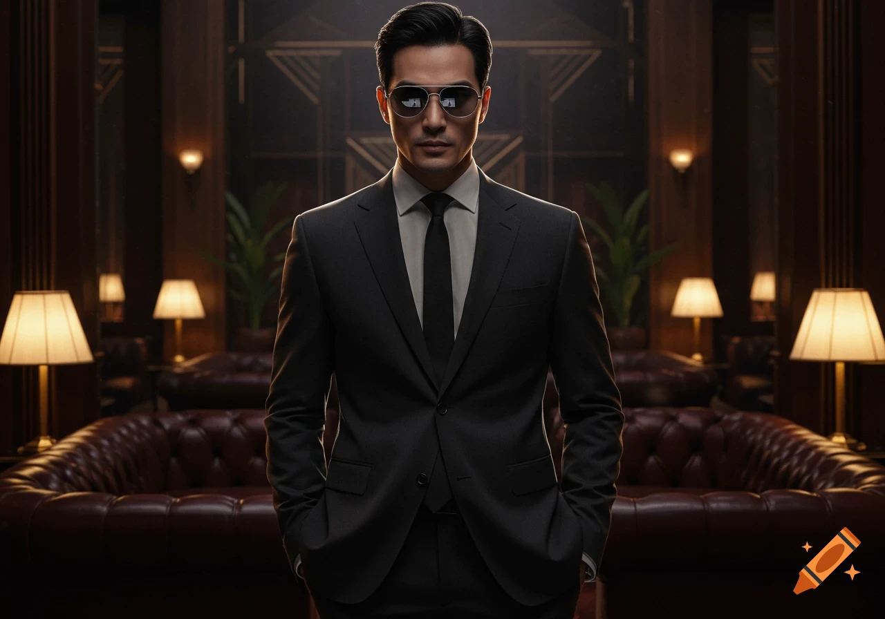 Photorealistic portrait of a stylish man in a black suit and sunglasses, standing in an elegant, dimly lit room.