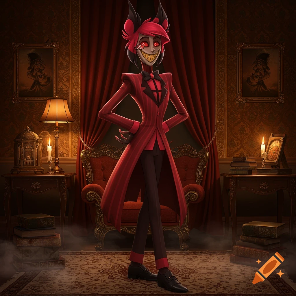 A cartoon demon with red hair, antlers, and a wide grin stands in a luxurious, dimly lit red room.