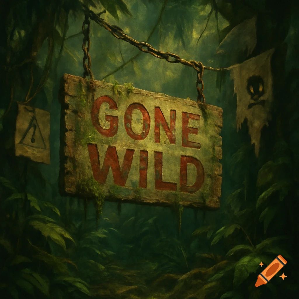 A mossy 'GONE WILD' sign hangs by chains in a dark, overgrown jungle, with a warning symbol and a tattered skull flag. Dark painterly style.
