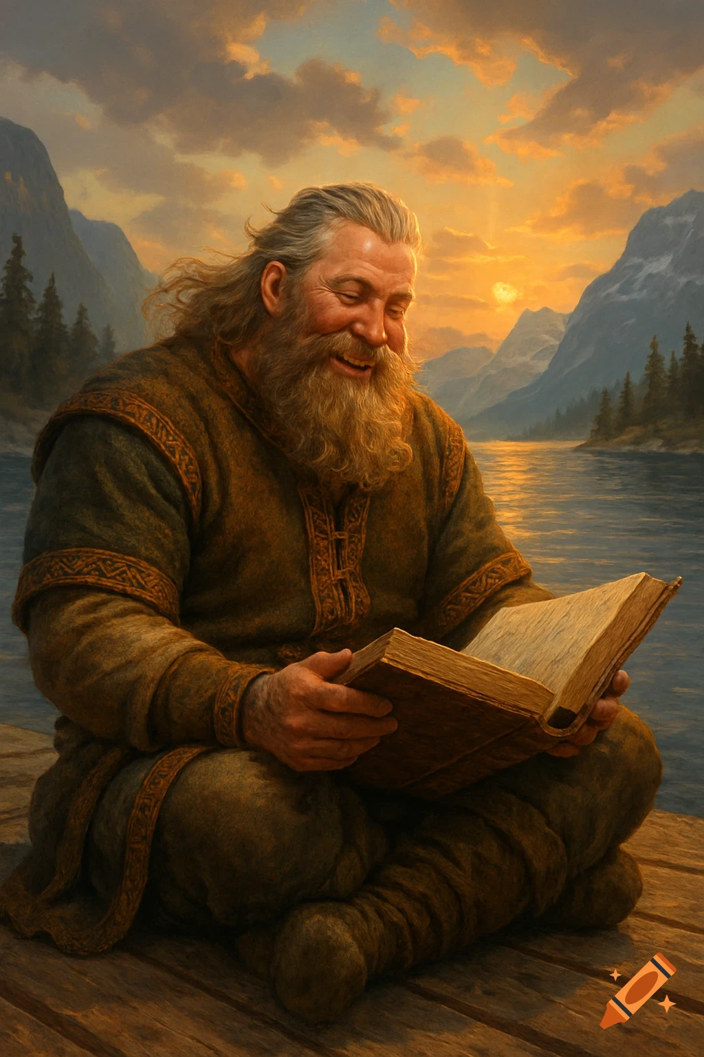 A friendly, bearded man in Viking-like clothes reads a book on a dock by a lake at sunset. Digital painting.