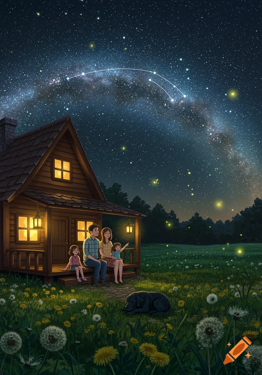 A family sits on the porch of a cozy cottage with their black lab, stargazing at the Milky Way in a storybook illustration.