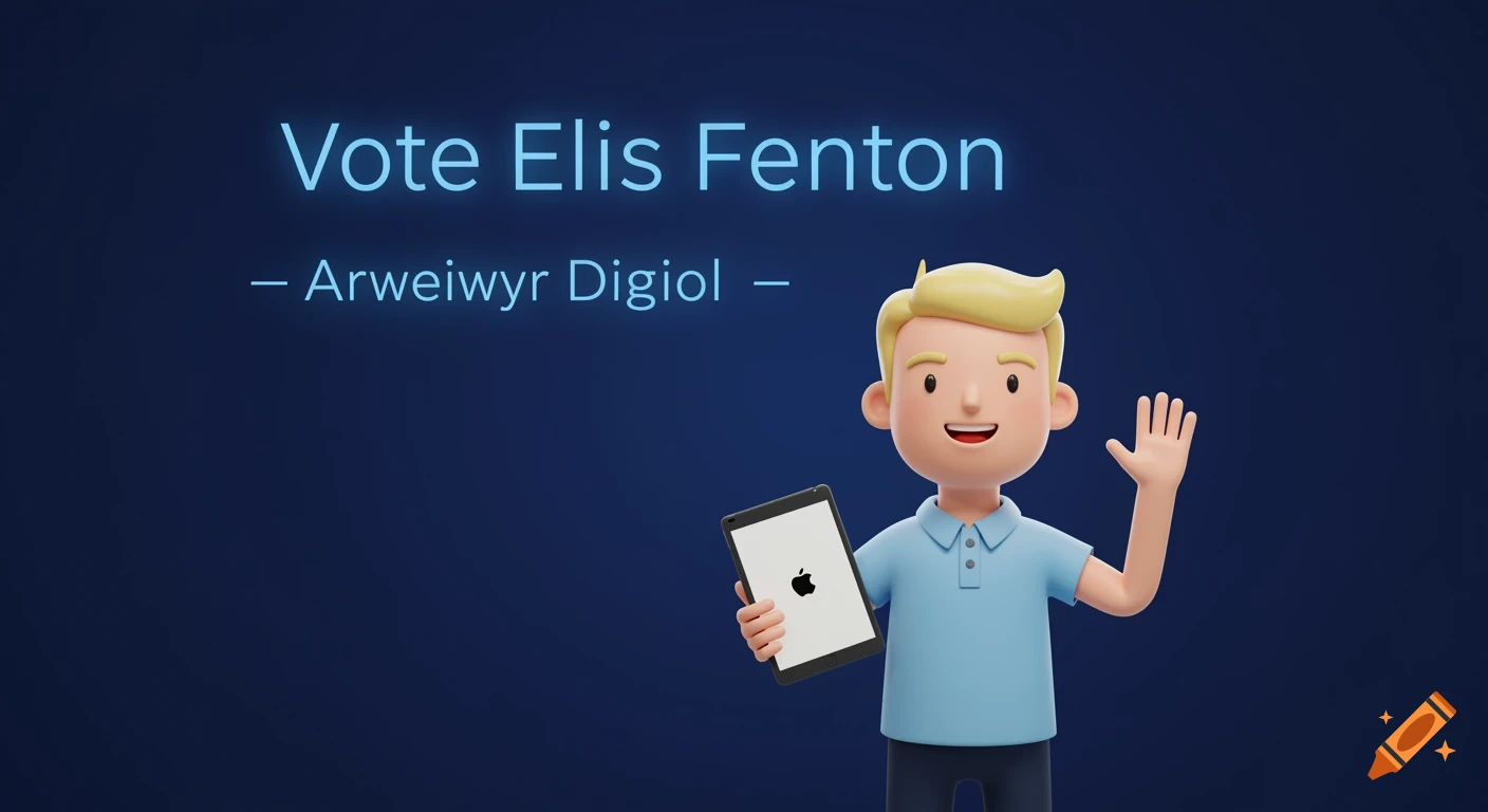 Smiling cartoon boy with an iPad, waving, against a blue background with 'Vote Elis Fenton' text.